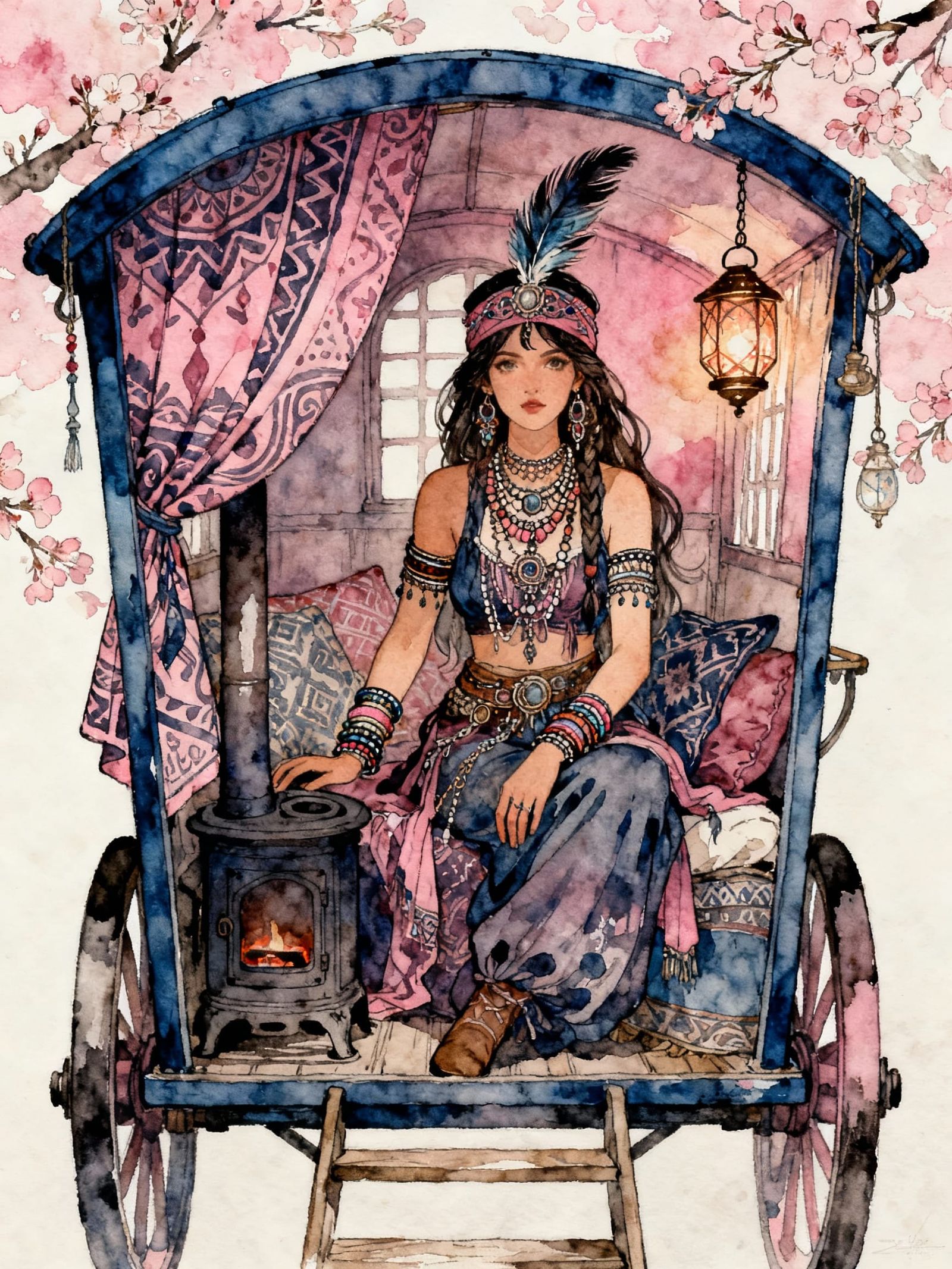 Bohemian Gypsy Woman in Cozy Caravan, Art Nouveau Style