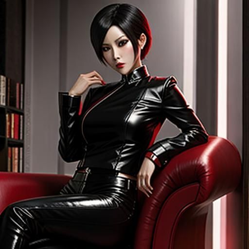 Ada Wong in Red Silk Blouse on Sofa