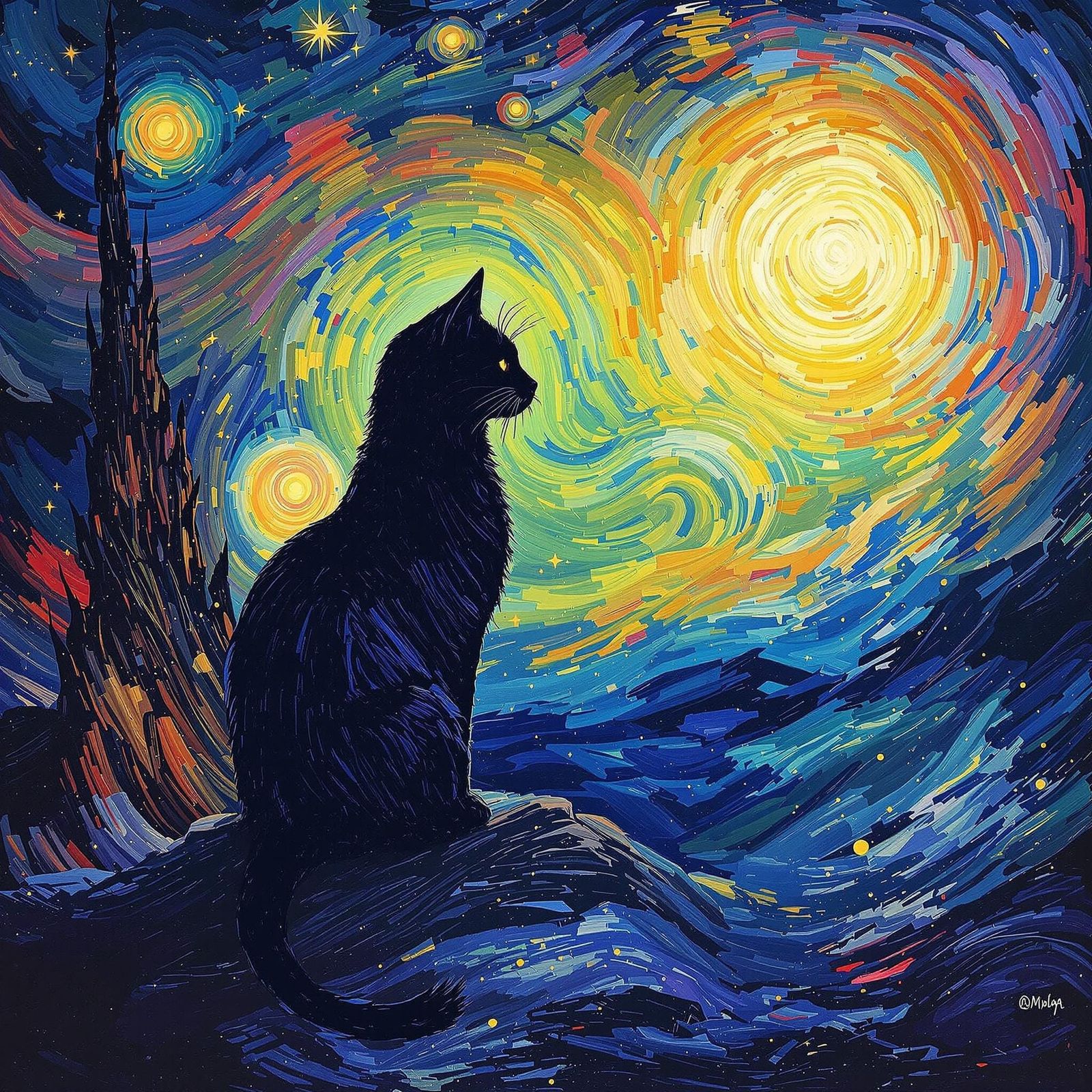 Dreamy Feline Silhouette Under Starry Night Sky