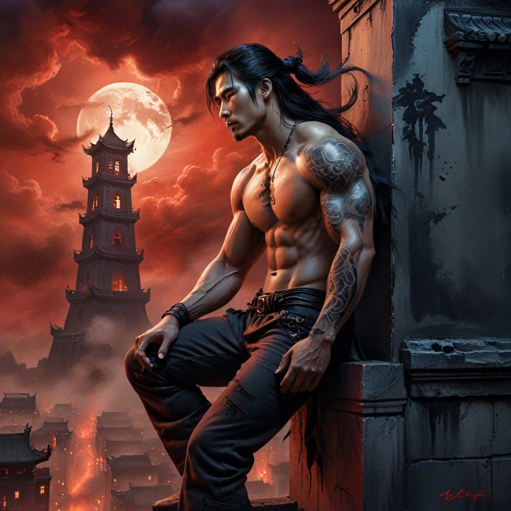 Surreal Chinese Warrior Ascends Tower in Hellish Cityscape a...