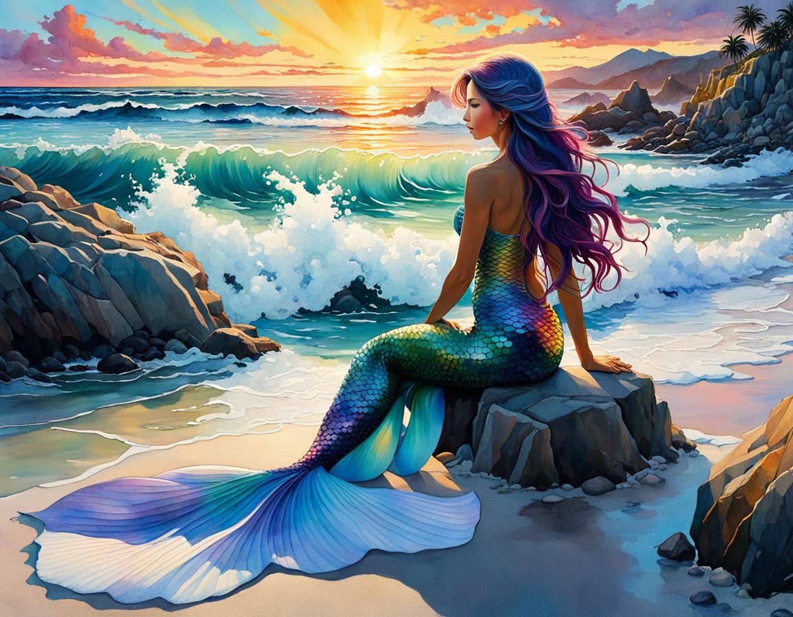 Mermaid at Sunset on a Sandy Beach