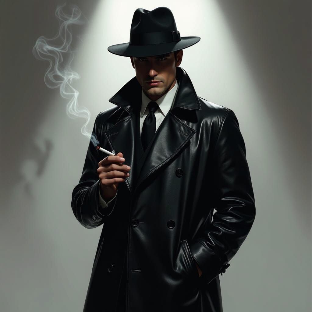 Man in 1940s Leather Raincoat in Film Noir Style