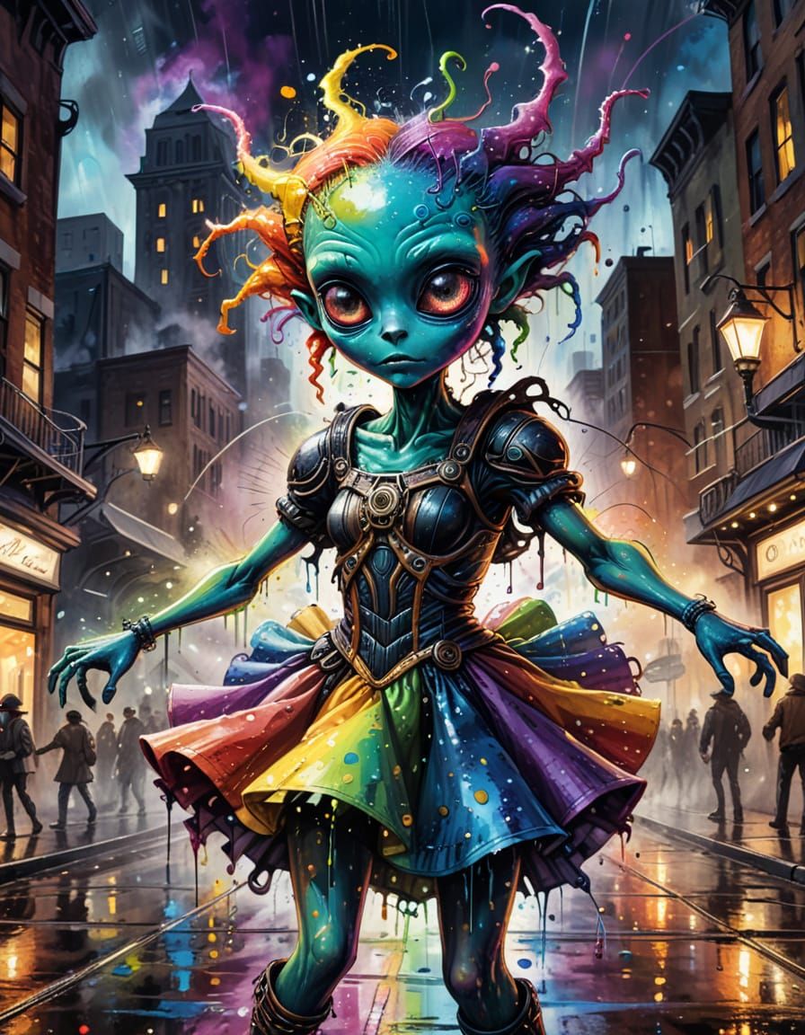 Cute Alien in Rainbow Dress in Steampunk City