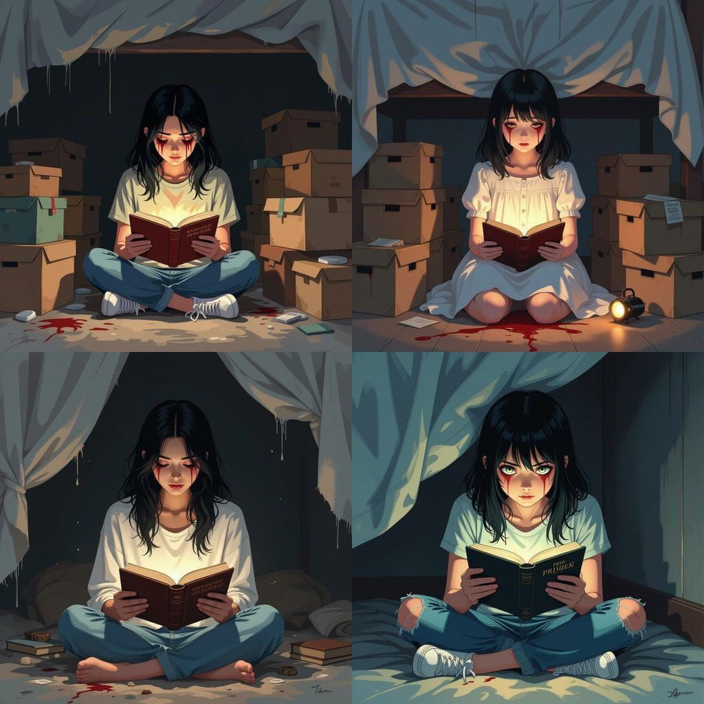 Pale Girl Reading Under Bed with Blood Tears