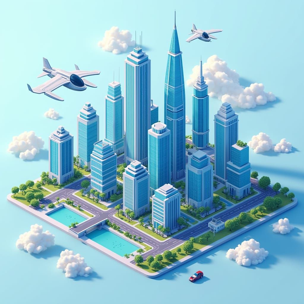 Futuristic Smart City Skyline in Isometric 3D