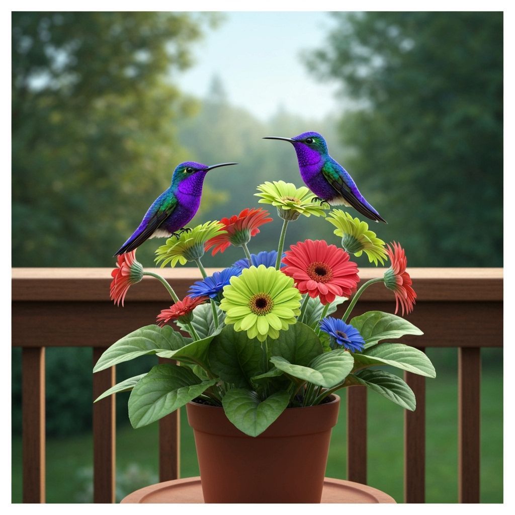 Purple Hummingbirds on Gerbera Plant in Hyper-Realism