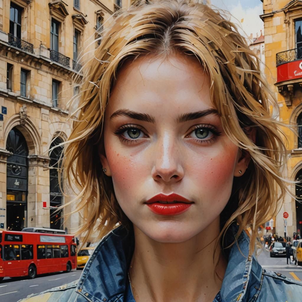 Extreme Close up face only, beautiful English female taking a red bus, short blode hair, denim, natural beauty, : agains...