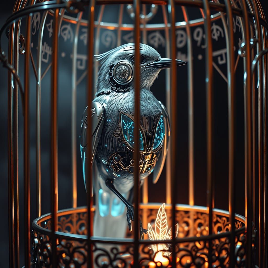 Silver Mechanical Nightingale in Cyberpunk Birdcage
