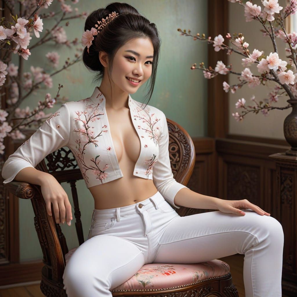 Smiling Geisha in Jeans with Cherry Blossoms
