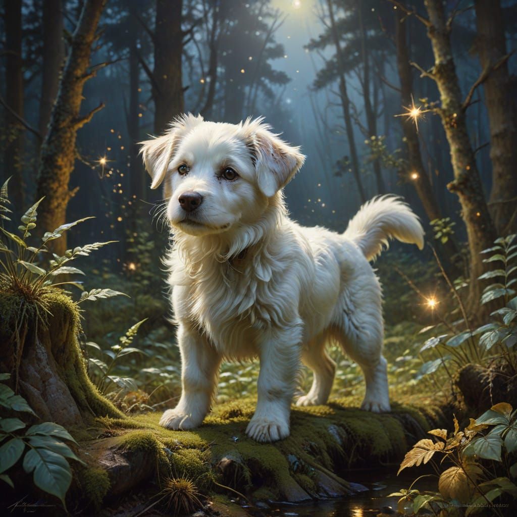 Whimsical Puppy in a Starlit Forest