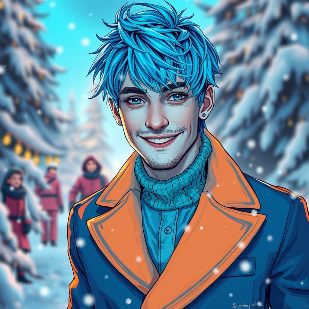 Smiling Figure in Winter Wonderland, in Black and White Line...