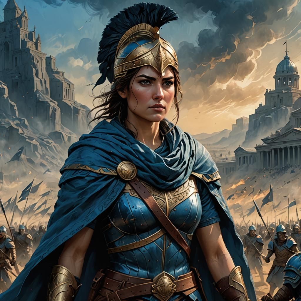 Heroic Spartan Soldier in Blue Cloak: Detailed Portrait