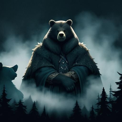 Fluffy Vampire Bear in Misty Forest, Comic Book Art