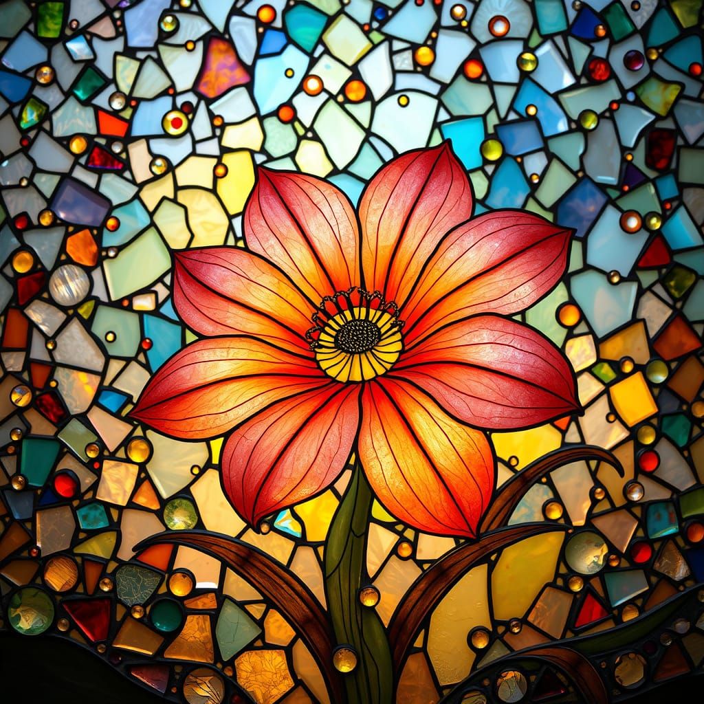 Glowing Stained Glass Flower in Art Nouveau Style
