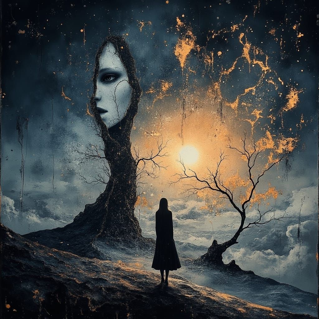 Melancholy Figure in Dreamlike Surrealist Cloudscape