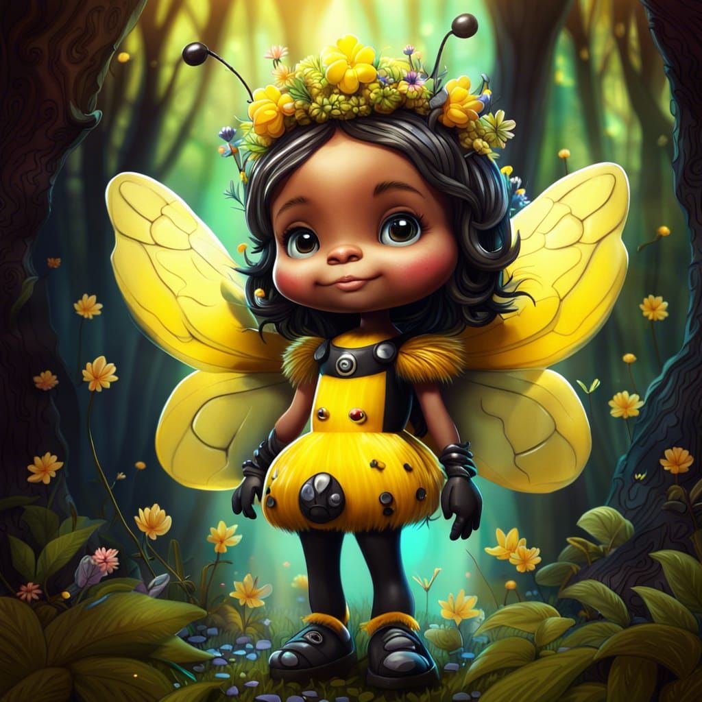 Cartoon Bumblebee Princess in Whimsical Forest