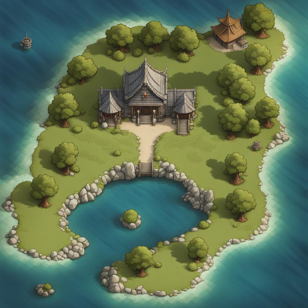 Island Temple Battlemap in Top-Down View