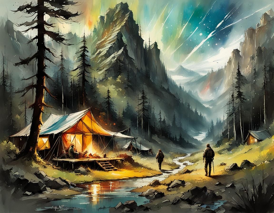 Mountain Village Campsite: Watercolor Illustration