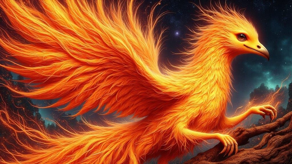 Surreal Phoenix of Living Flames: Elegant, Intricately Detai...