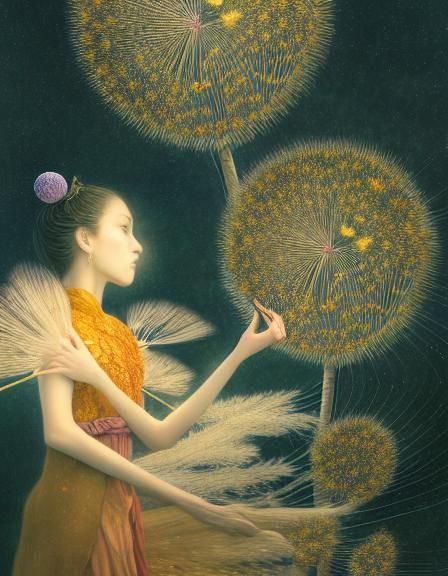 Woman and Dandelion in Strong Wind
