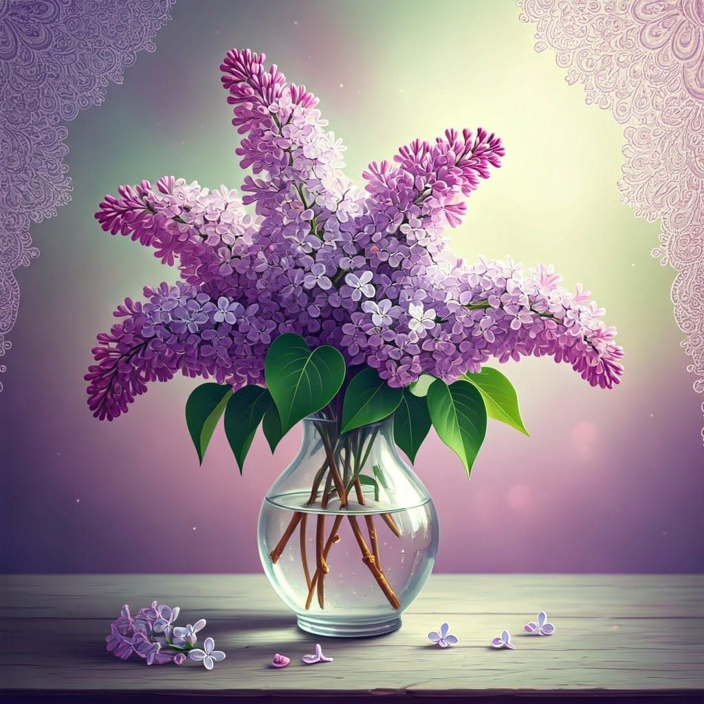 Whimsical Lilac Bouquet in Glass Vase with Watercolor Embroi...