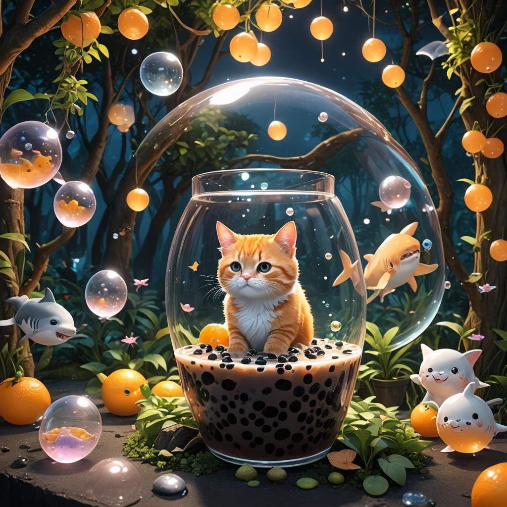 Tabby Cat in Bubble Tea, Anime Style