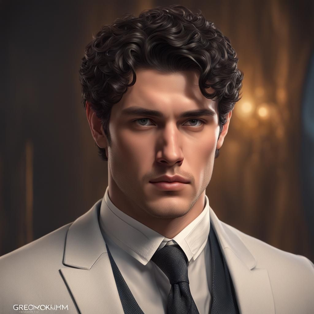 22 year old Russian handsome father with short curly black hair :: chubby, overweight :: suit :: shoulder up portrait ::...