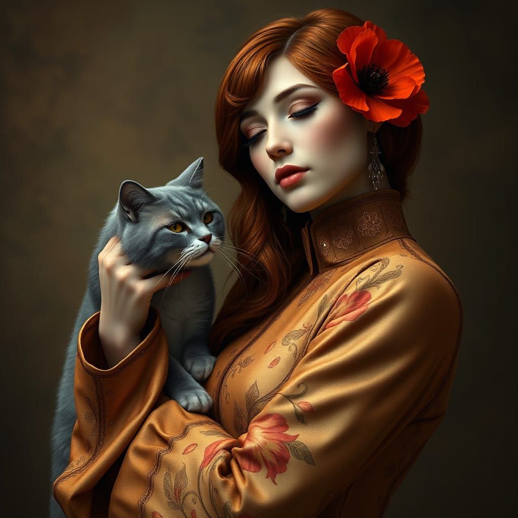 Romantic Gothic Woman with Cat in Rich Sepia Tones