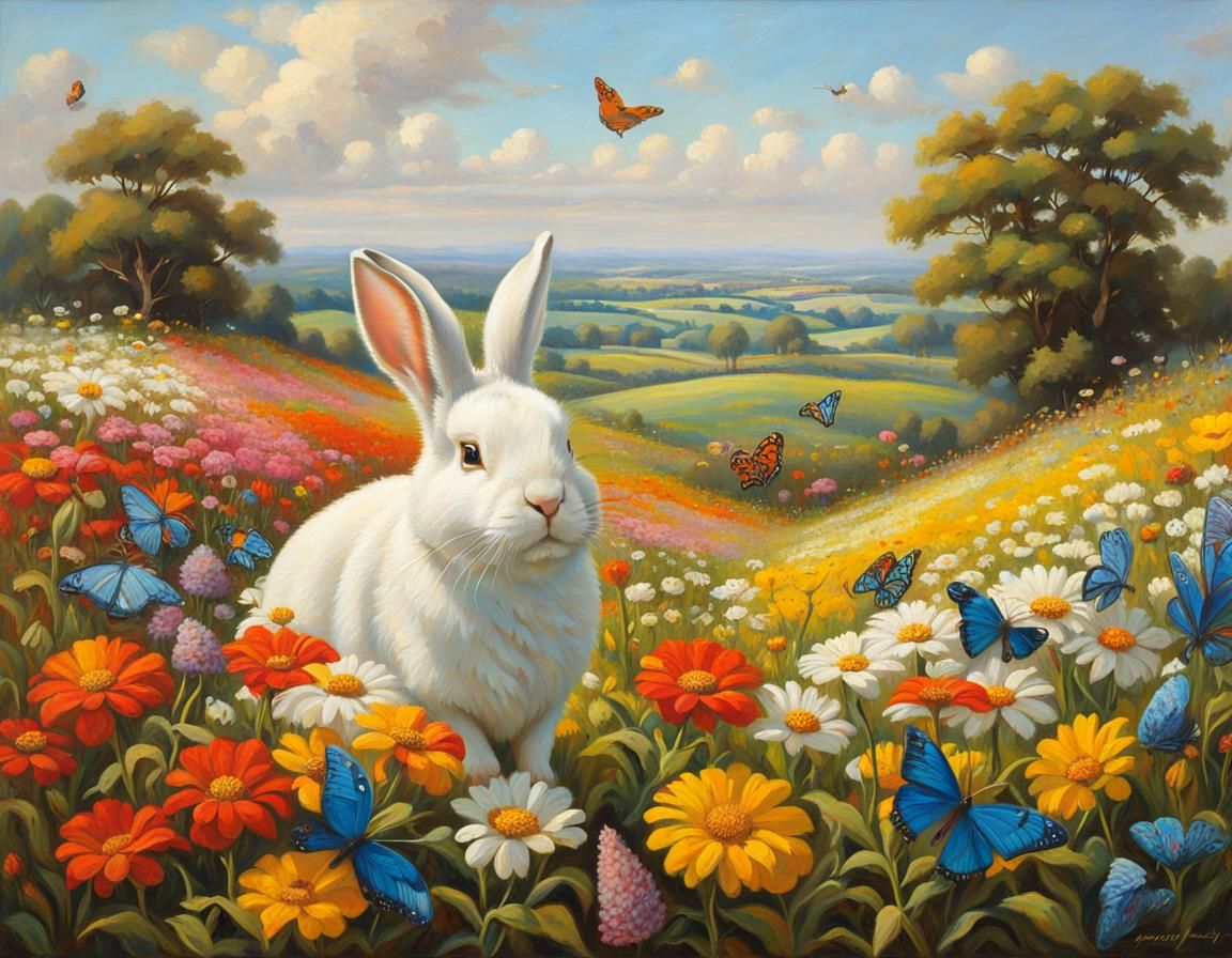 White rabbit sits proudly in the fields of flowers