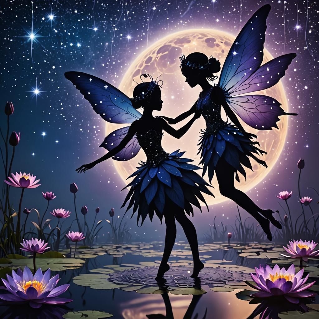 Fairy Silhouette Dancing in Waterlily