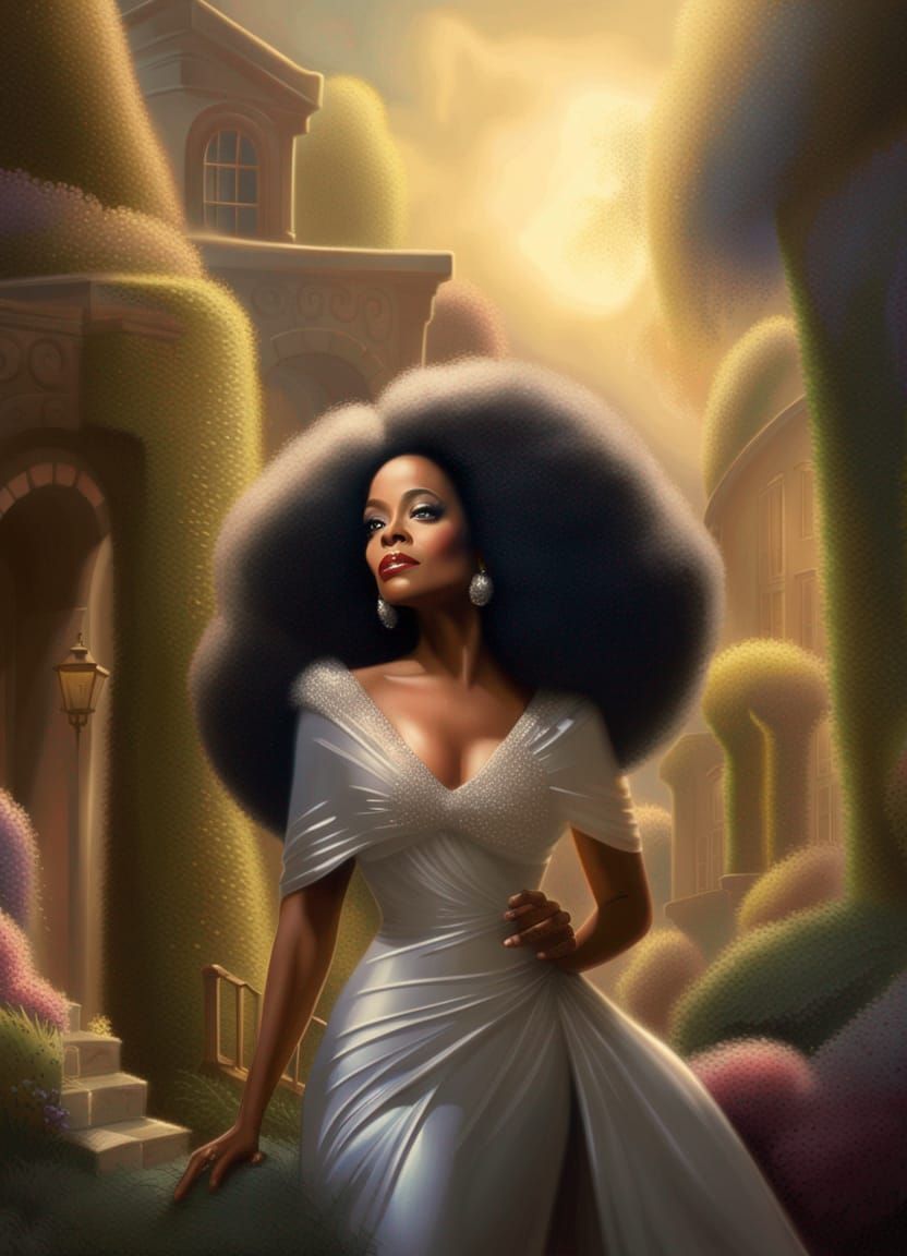 Beautiful cartoon image of Diana Ross in strong afternoon lighting in the style of Thomas Kinkade