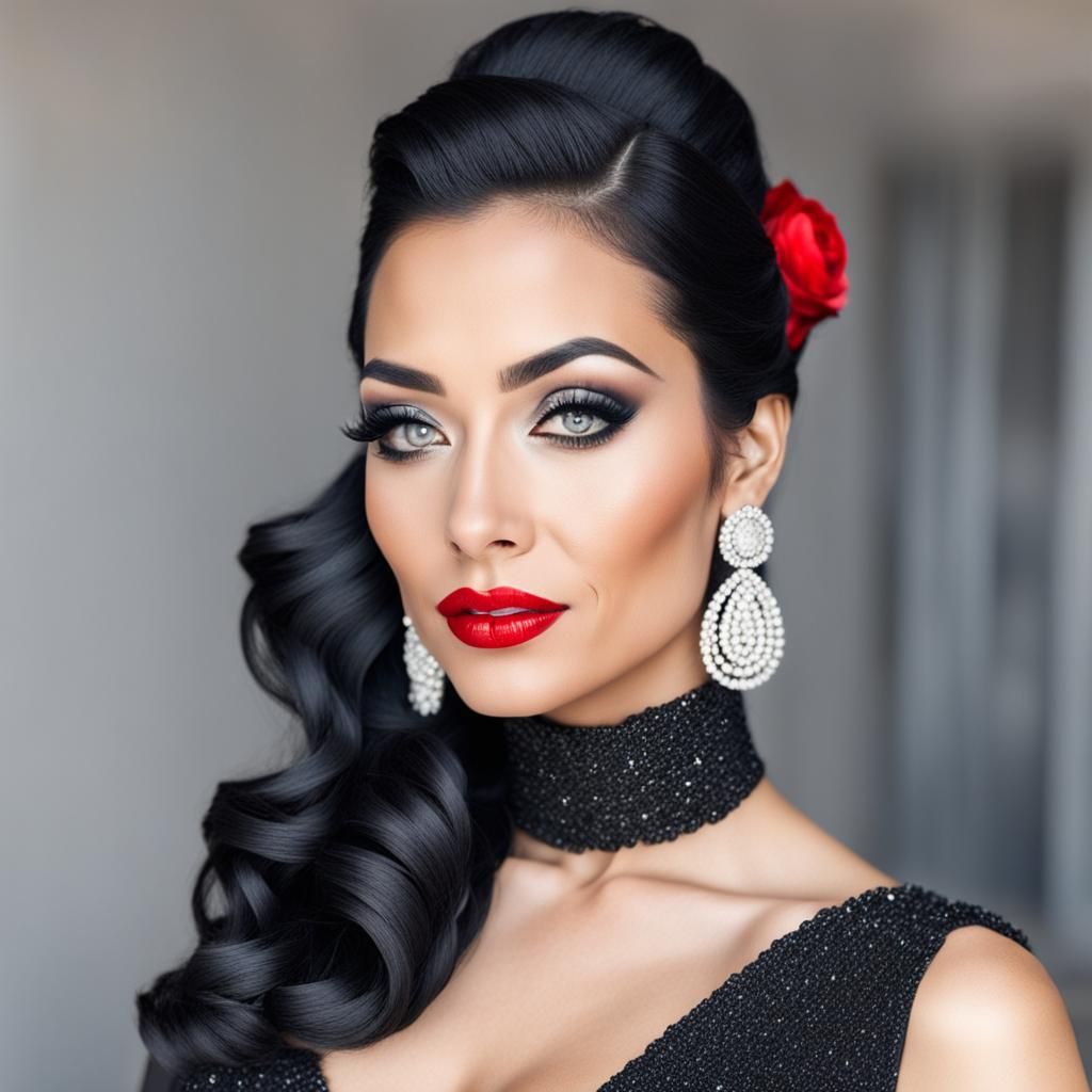 Elegant Woman with Red Lipstick and Updo Hairstyle