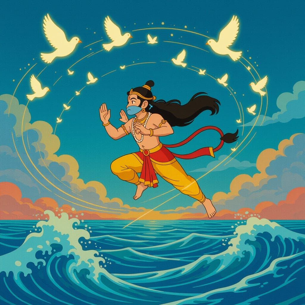Hanuman's Leap to Lanka in Ghibli Style