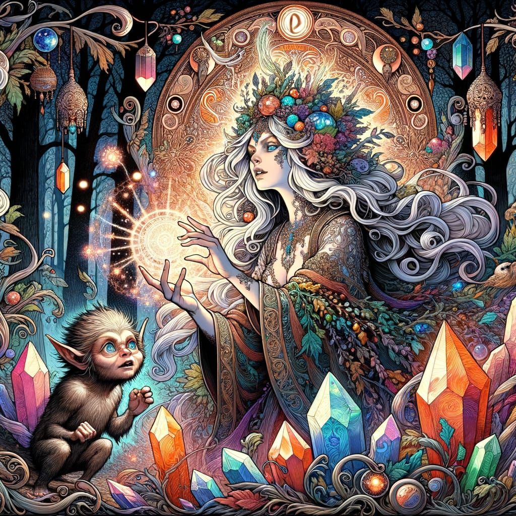 Mystical Witch Casting Spell in Art Nouveau Forest