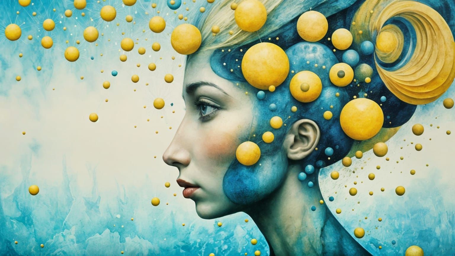 Woman Emerges in a Kaleidoscope of Blue and Yellow Shapes
