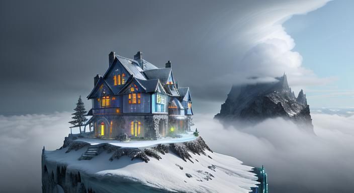 a house made completely of glass on top of an icy mountain surrounded by mistly ghostly clouds, vivid vibrant hyperreal...