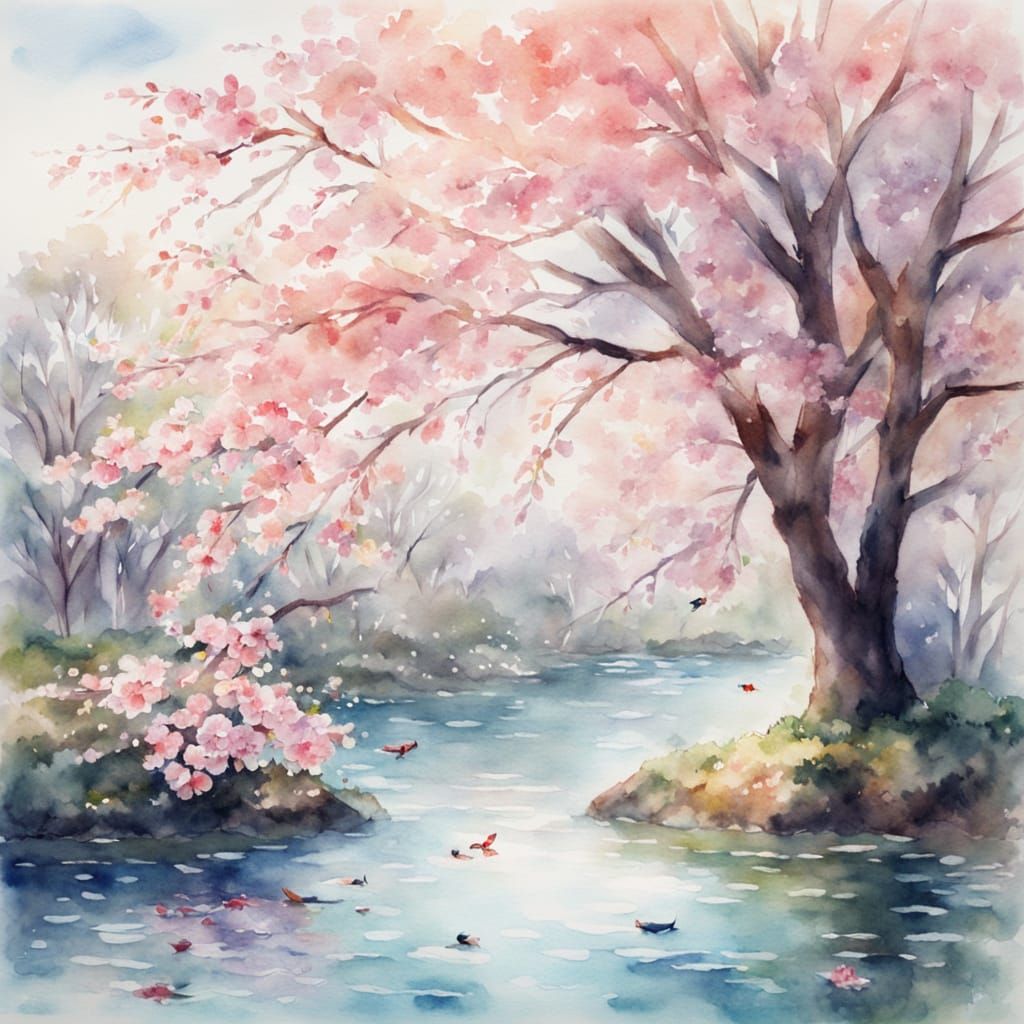 Sakura Tree and Japanese Fish in Serene Watercolor