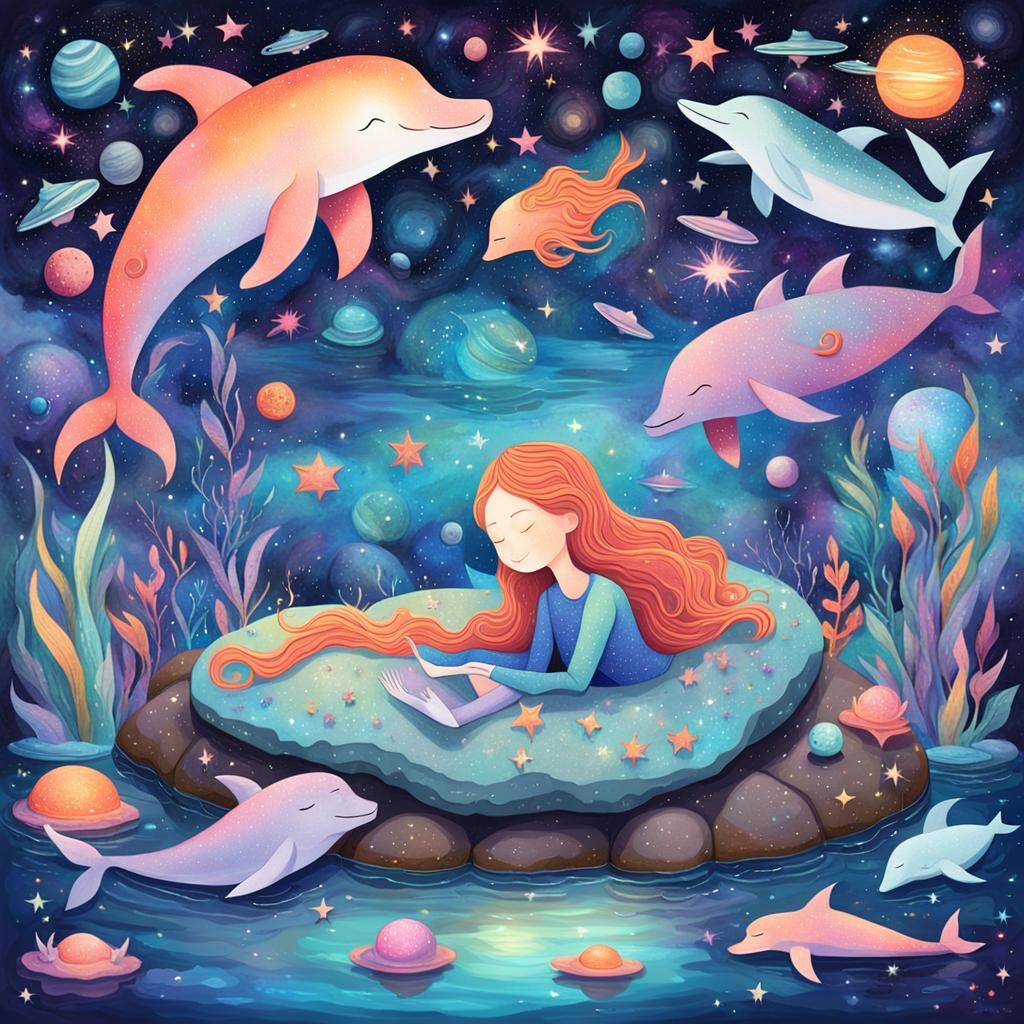 Dreamy Lake Scene with Unicorn and Galaxy