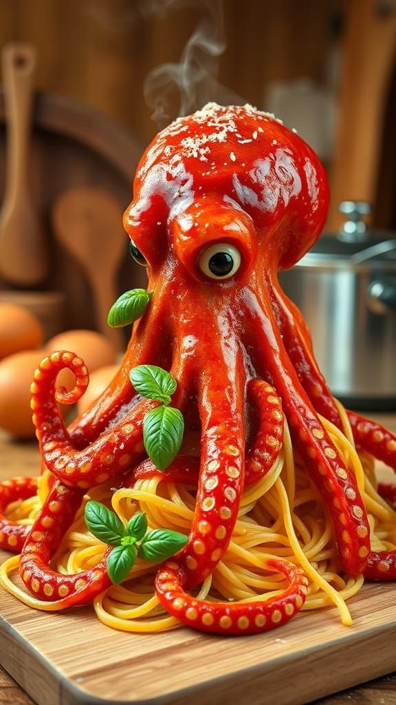 Surreal Spaghetti Octopus Sculpture in Vibrant Colors