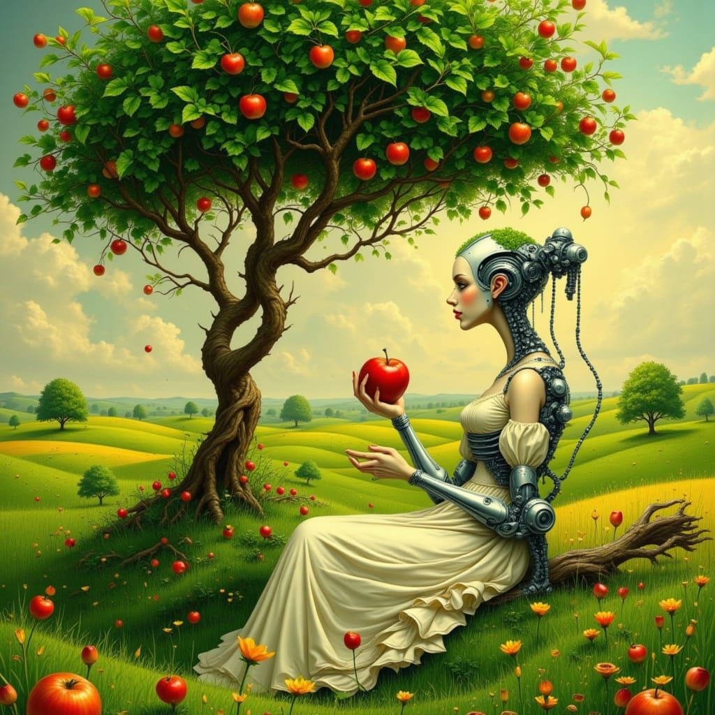 Cybernetic Figure Beneath Apple Tree in Art Nouveau Style