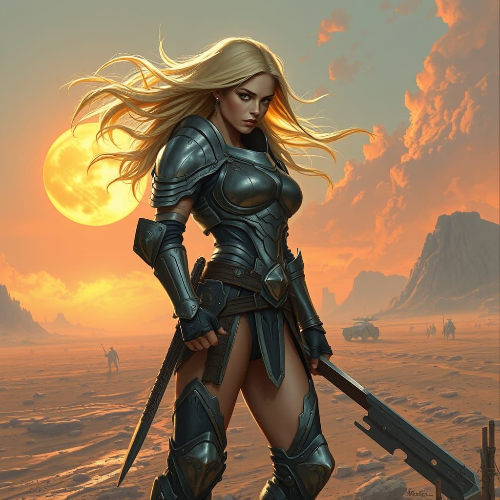 Futuristic Warrior on Desolate Battlefield