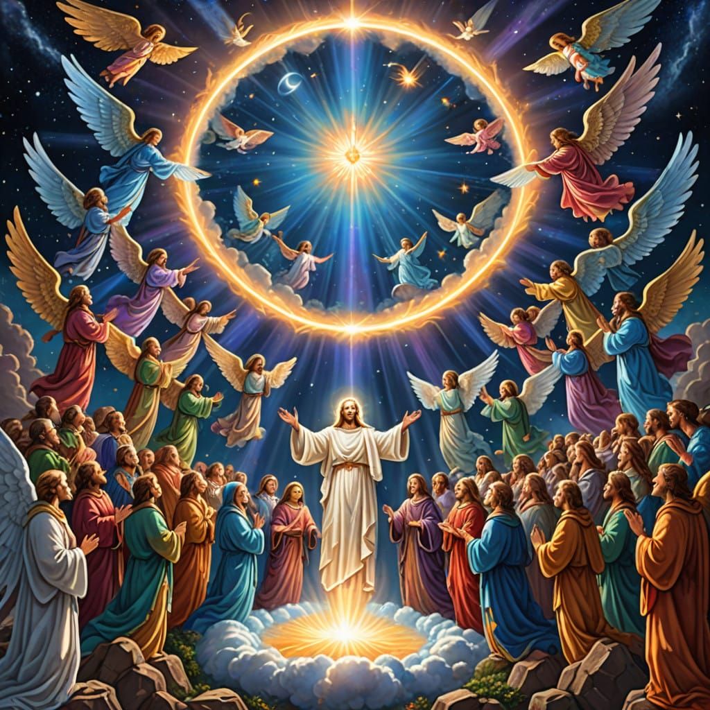 Angel Beings in Glowing Robes Fill the Skies with Heavenly P...