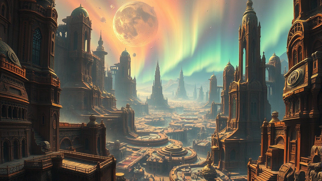 Otherworldly Landscape with Mystical Architecture and Aurora...