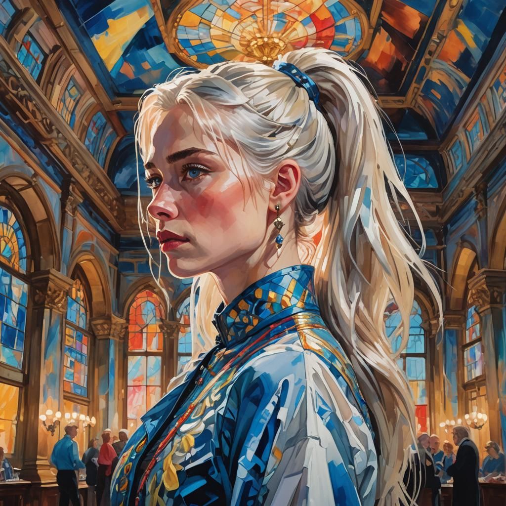 Gouache Painting of Girl in Lavish Ballroom