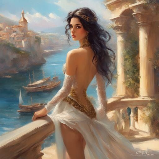 French Girl Portrait on Terrace in Splash Art Style