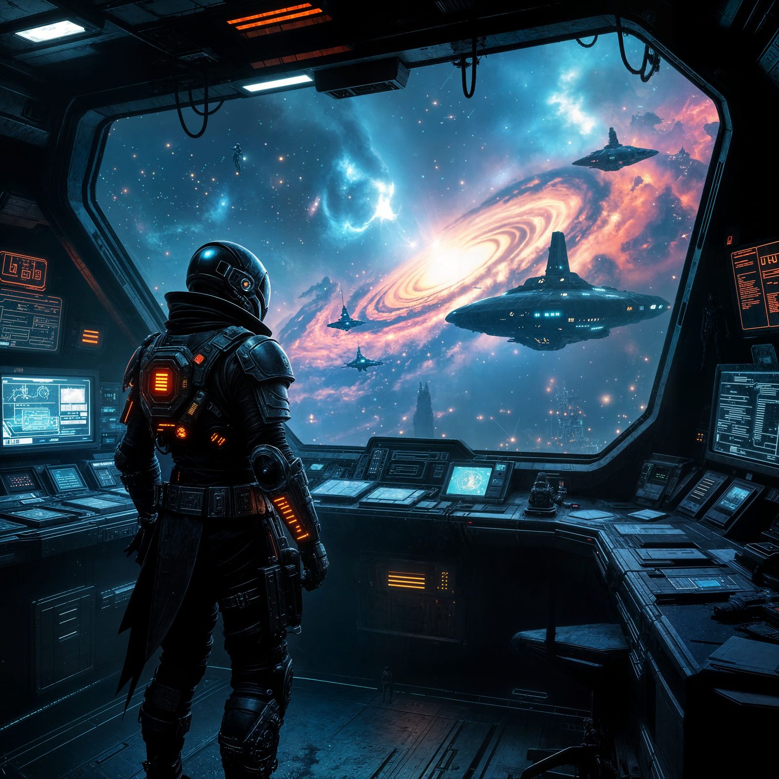 Lone Space Pirate on Ship Bridge Overlooking Nebula