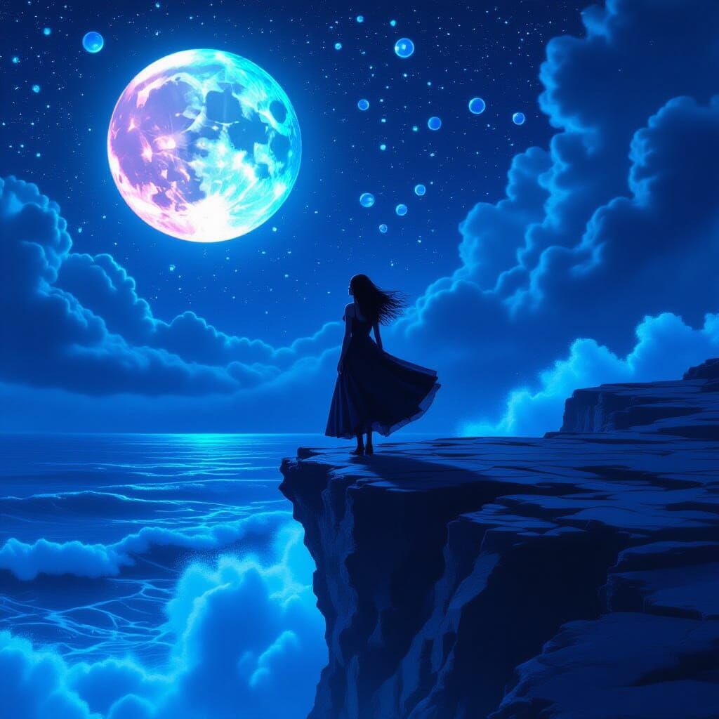 Girl on Cliffs with Neon Waves: Cosmic Illustration