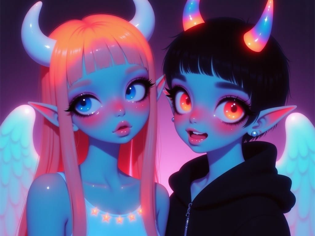 Neon Pastel Angel and Devil Portrait