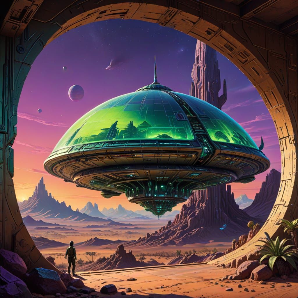 Retro-Futuristic Spaceship Soars Over Desert Planet