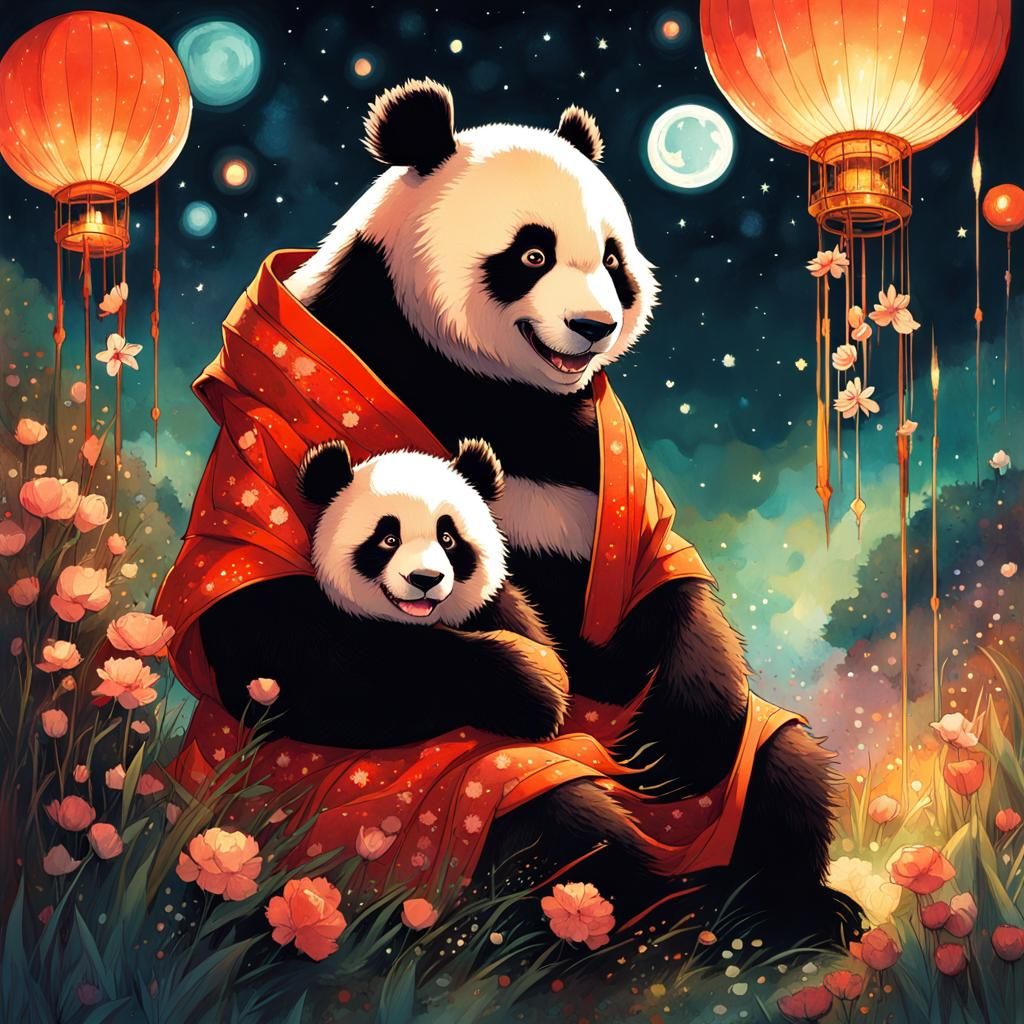 Laughing Panda Couple Under Starry Night, Watercolor Art